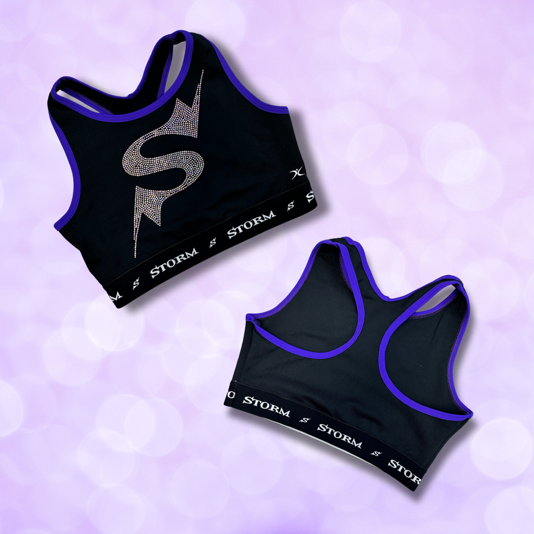 Sports Bra - Pro Cheer High Neck Racerback 'S' Rhinestone - Purple Or Black NEW