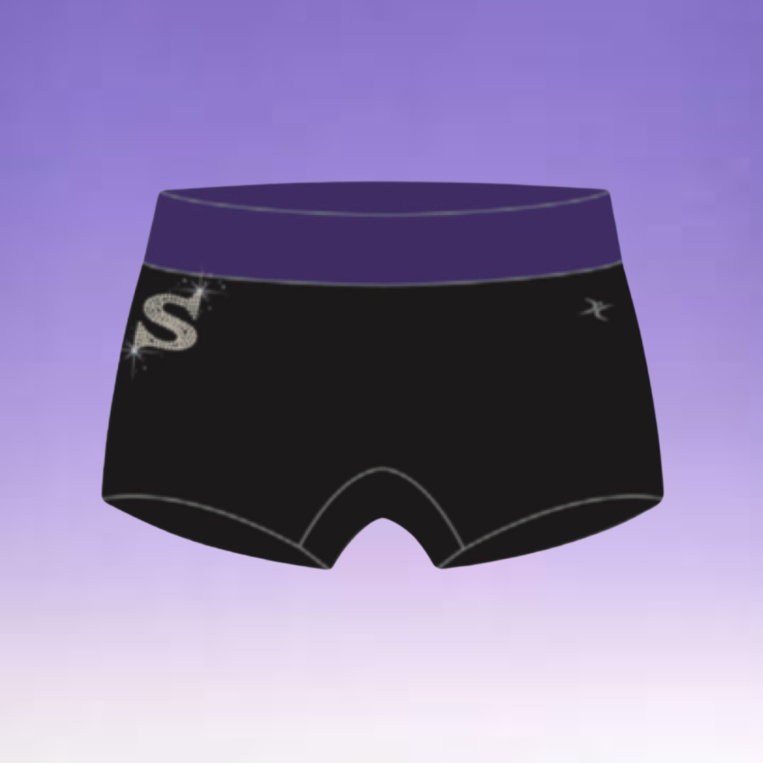 Pro Cheer Shorts - Black w/ Purple Waist Band Rhinestone S Logo