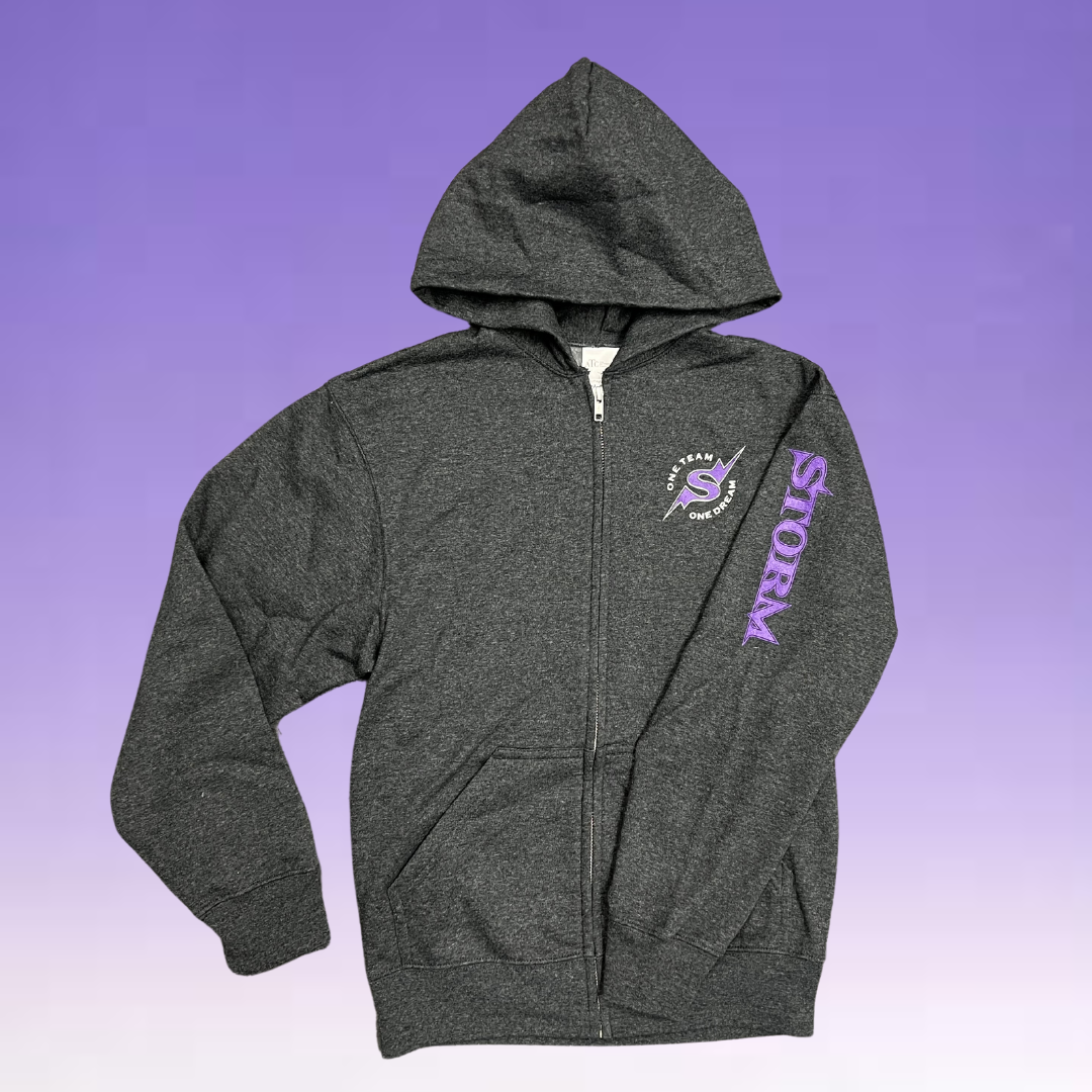 Zip Hoodie - Dark Heathered Grey - Storm on Arm & Circle Chest Logo SALE $33