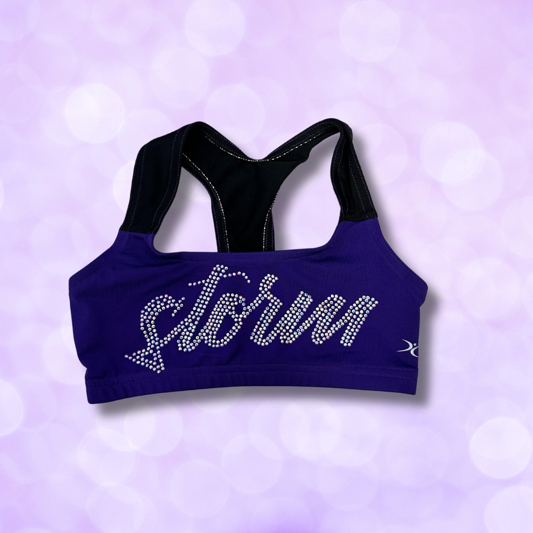 Sports Bra - Pro Cheer Purple Rhinestone Script