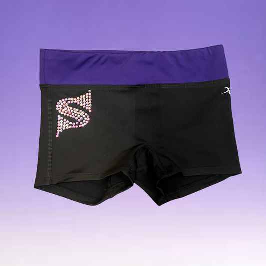 Shorts - Black w/ Purple Waist Band Rhinestone S Logo