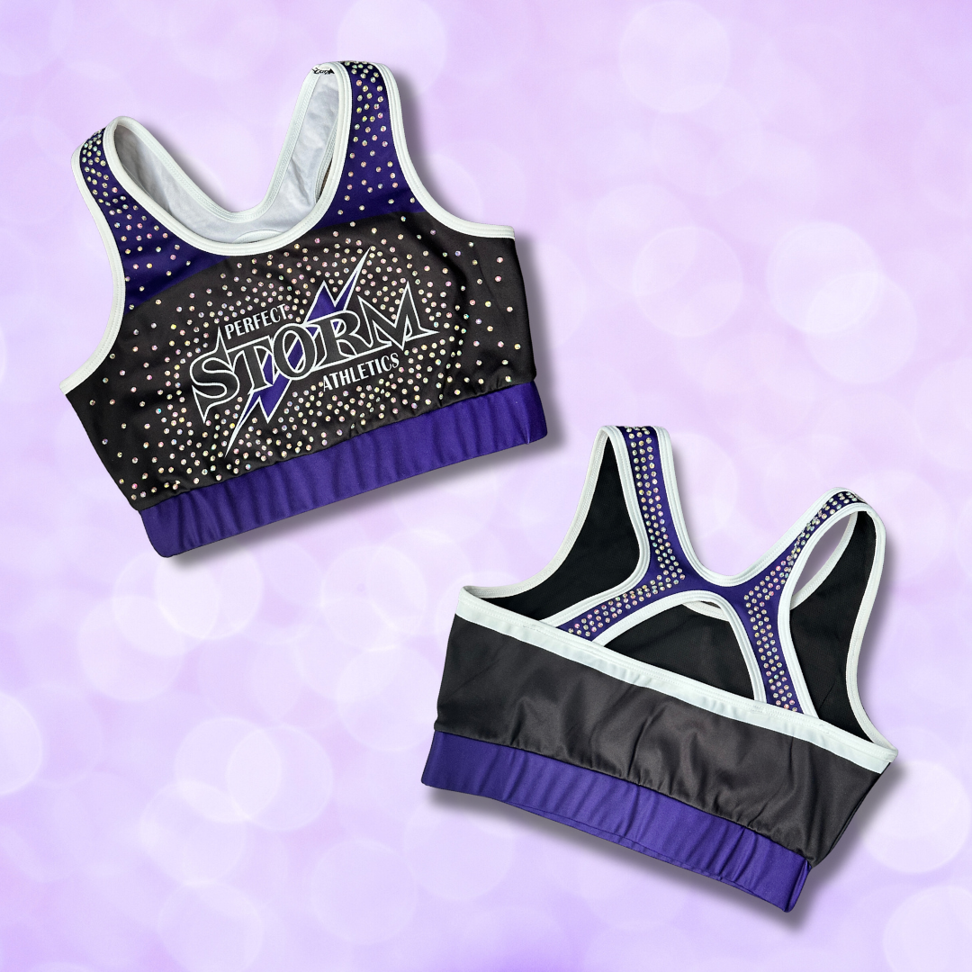Sports Bra - Rhinestones w/ White Trim & Purple Band
