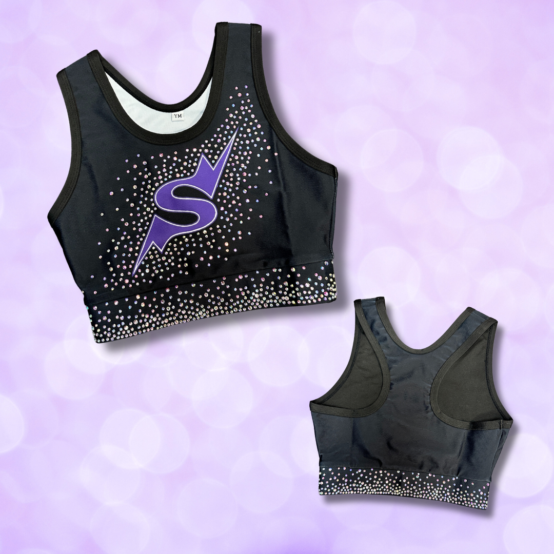 Sports Bra - Sublimated Purple Bolt 'S' with Rhinestones