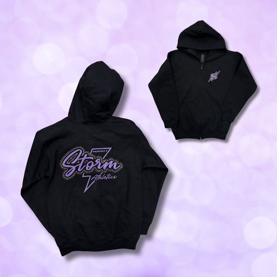 Zip Hoodie - Lightning Bolt Script Font with Rhinestones