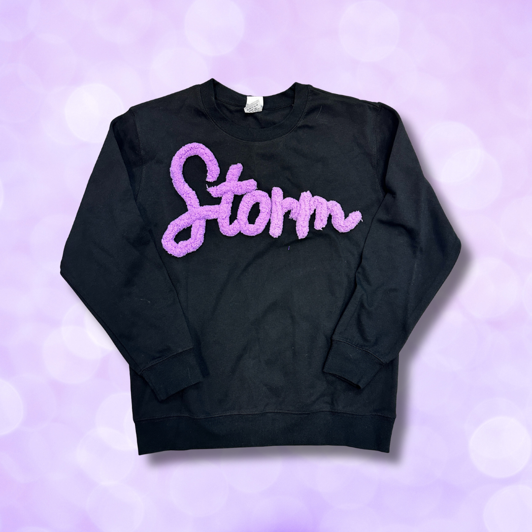 Crewneck Sweatshirt - Chenille Embroidered 'Storm' Script NEW