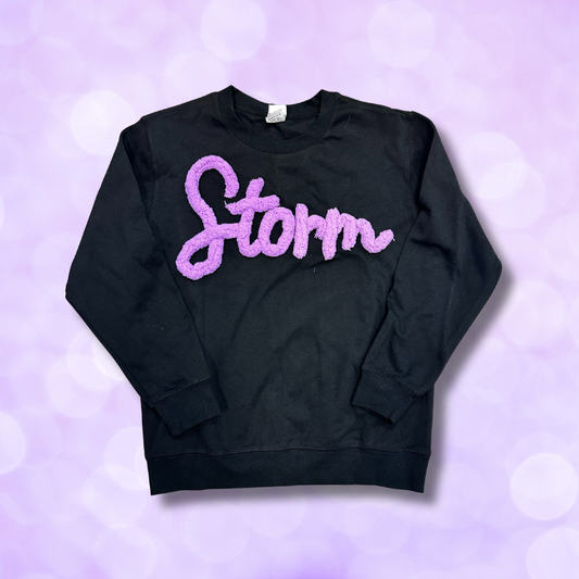 Crewneck Sweatshirt - Chenille Embroidered 'Storm' Script NEW